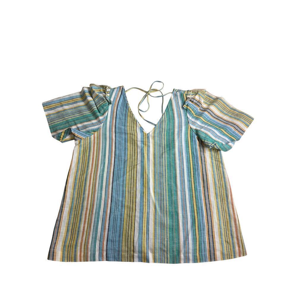 Ann Taylor Linen Blend V Neck Grren Blue Striped Blouse Top Ruffles Large